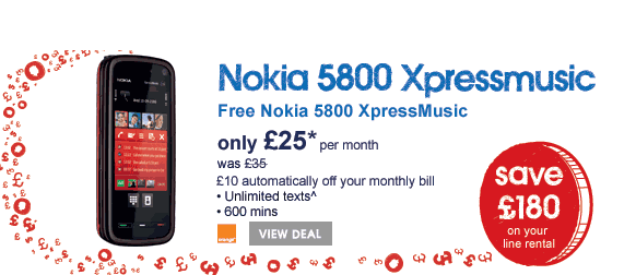 Free Nokia 5800 XpressMusic - only &25; per month - was £35 - with unlimited texts and 600 minutes