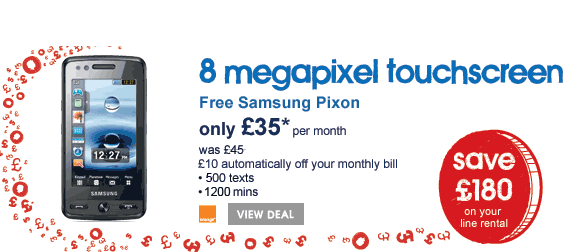 8 megapixel touchscreen - Free Samsung Pixon - only £35* per month - was £45 - with 500 texts and 1200 minutes
